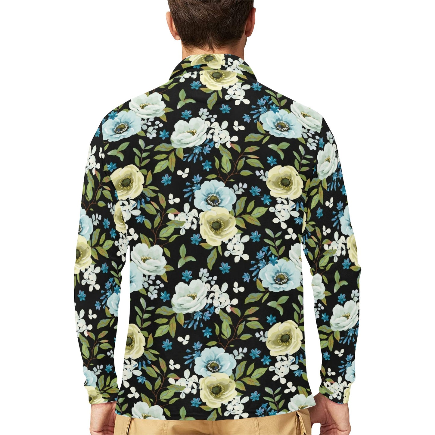 Anemone Pattern Print Design AM03 Long Sleeve Polo Shirt For Men's