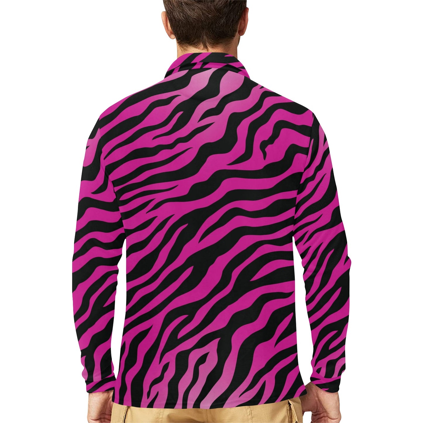 Pink Zebra Long Sleeve Polo Shirt For Men's
