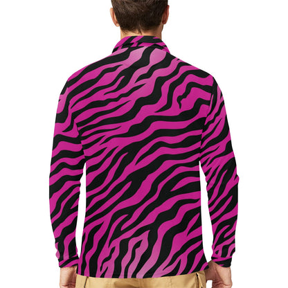 Pink Zebra Long Sleeve Polo Shirt For Men's