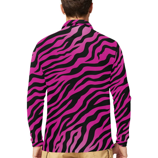 Pink Zebra Long Sleeve Polo Shirt For Men's
