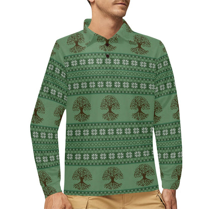 Tree Of Life Knit Style Print Design LKS301 Long Sleeve Polo Shirt For Men's