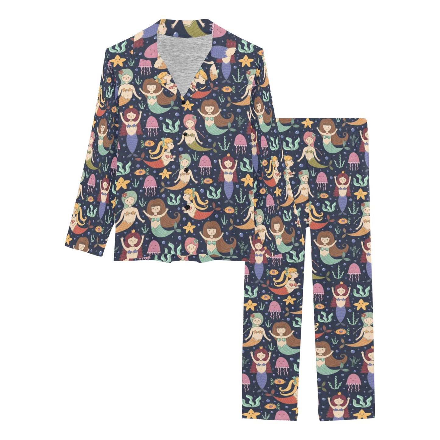 Mermaid Cartoon Pattern Print Design 03 Women's Long Pajama Set