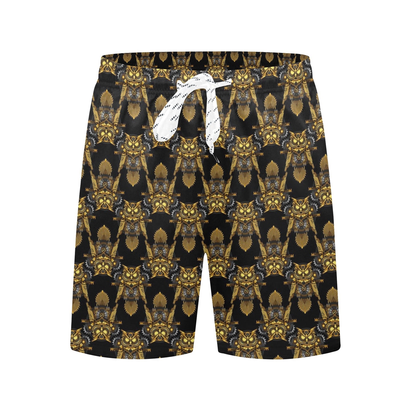 Steampunk Gold Owl Design Themed Print Men's Swim Trunks Beach Shorts