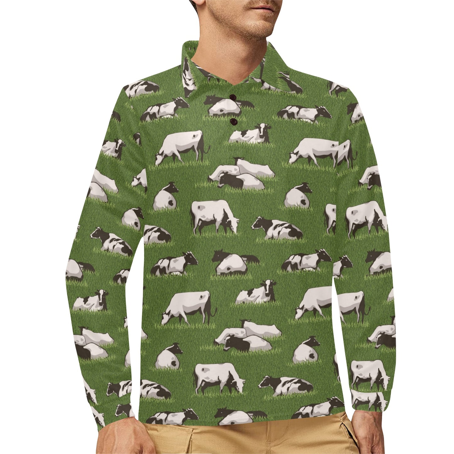 Cow on Grass Print Pattern Long Sleeve Polo Shirt For Men's