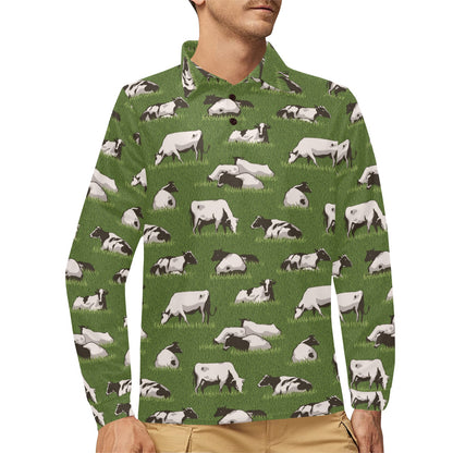 Cow on Grass Print Pattern Long Sleeve Polo Shirt For Men's