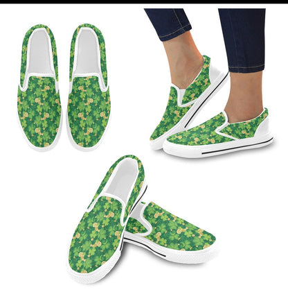 Shamrock Print Design LKS301 White Slip Ons Canvas Women's Shoes