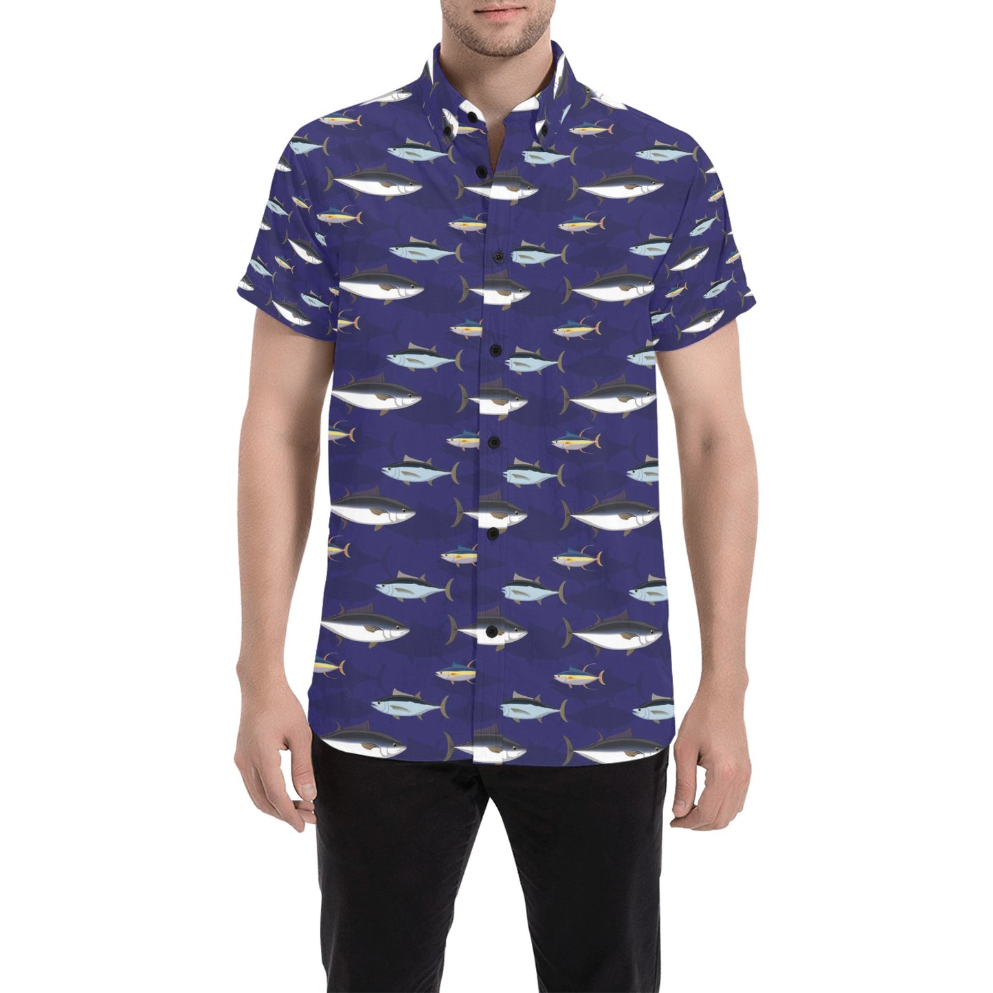 Tuna Fish Print Design LKS304 Men Short Sleeve Button Up Shirt