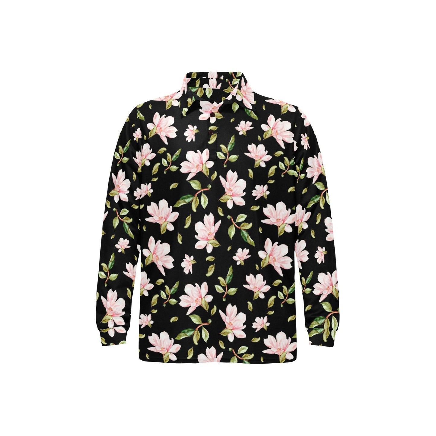 Magnolia Pattern Print Design MAG01 Long Sleeve Polo Shirt For Men's