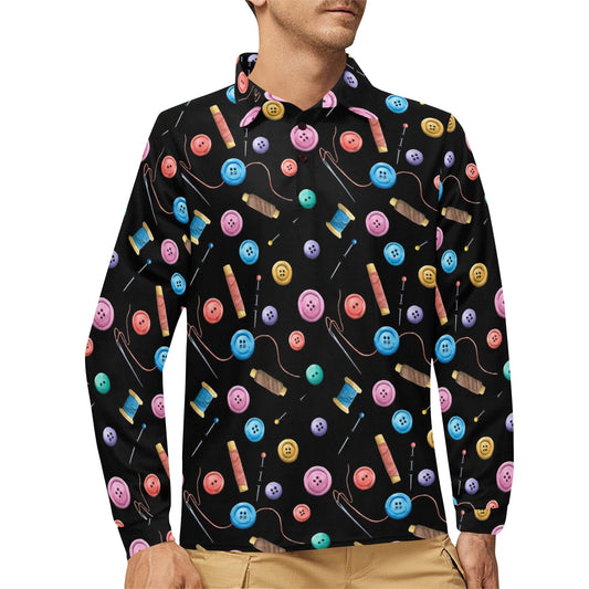Sewing Print Design LKS309 Long Sleeve Polo Shirt For Men's