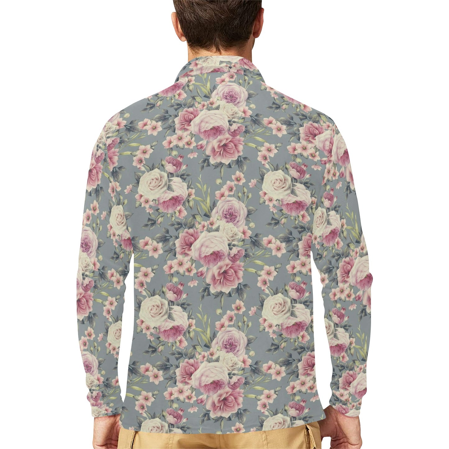 Peony Pattern Print Design PE05 Long Sleeve Polo Shirt For Men's