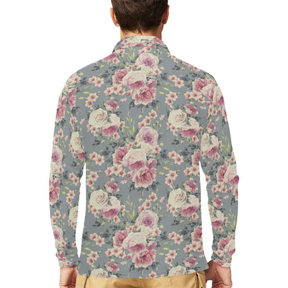 Peony Pattern Print Design PE05 Long Sleeve Polo Shirt For Men's