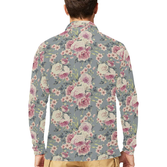 Peony Pattern Print Design PE05 Long Sleeve Polo Shirt For Men's