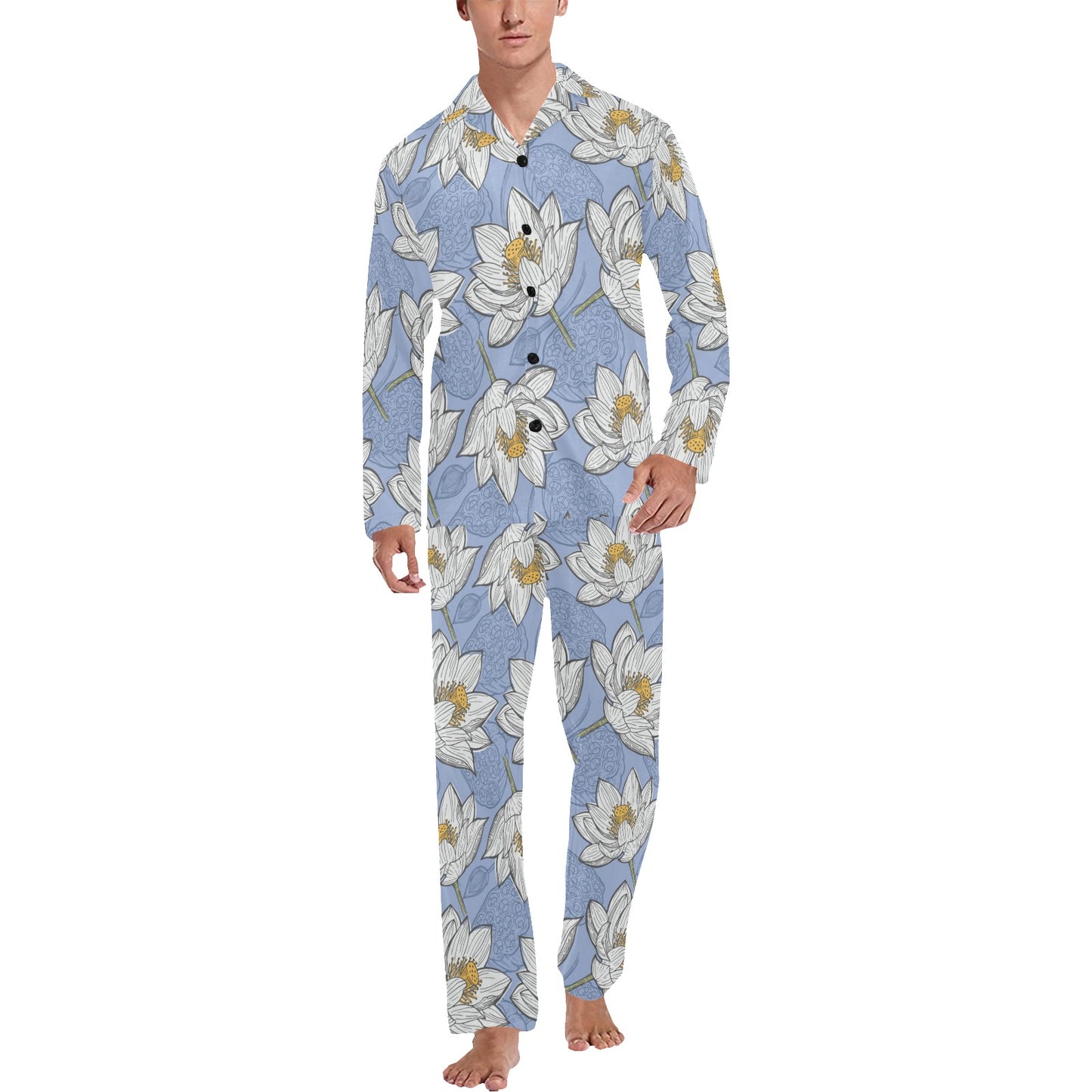 Lotus Pattern Print Design 04 Men's Long Pajama Set
