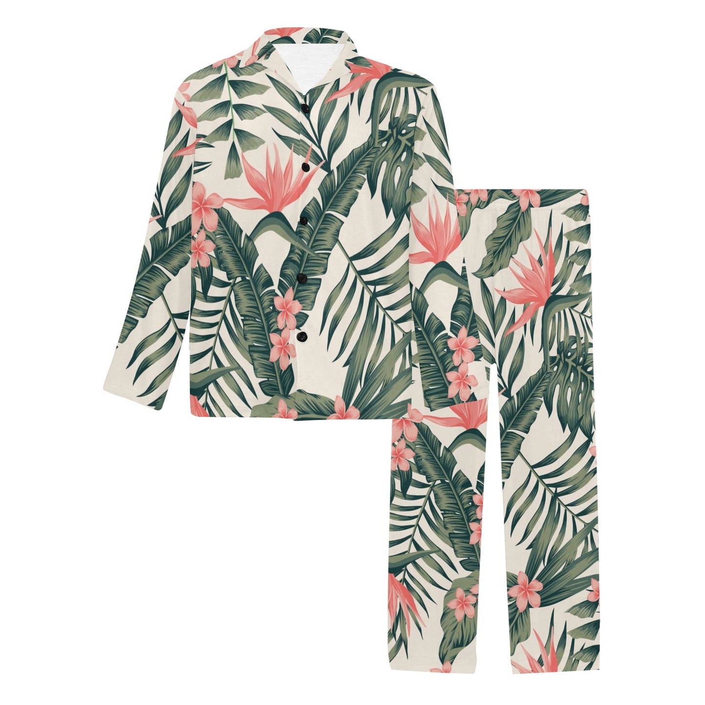 Tropical Flower Palm Leaves Men's Long Pajama Set