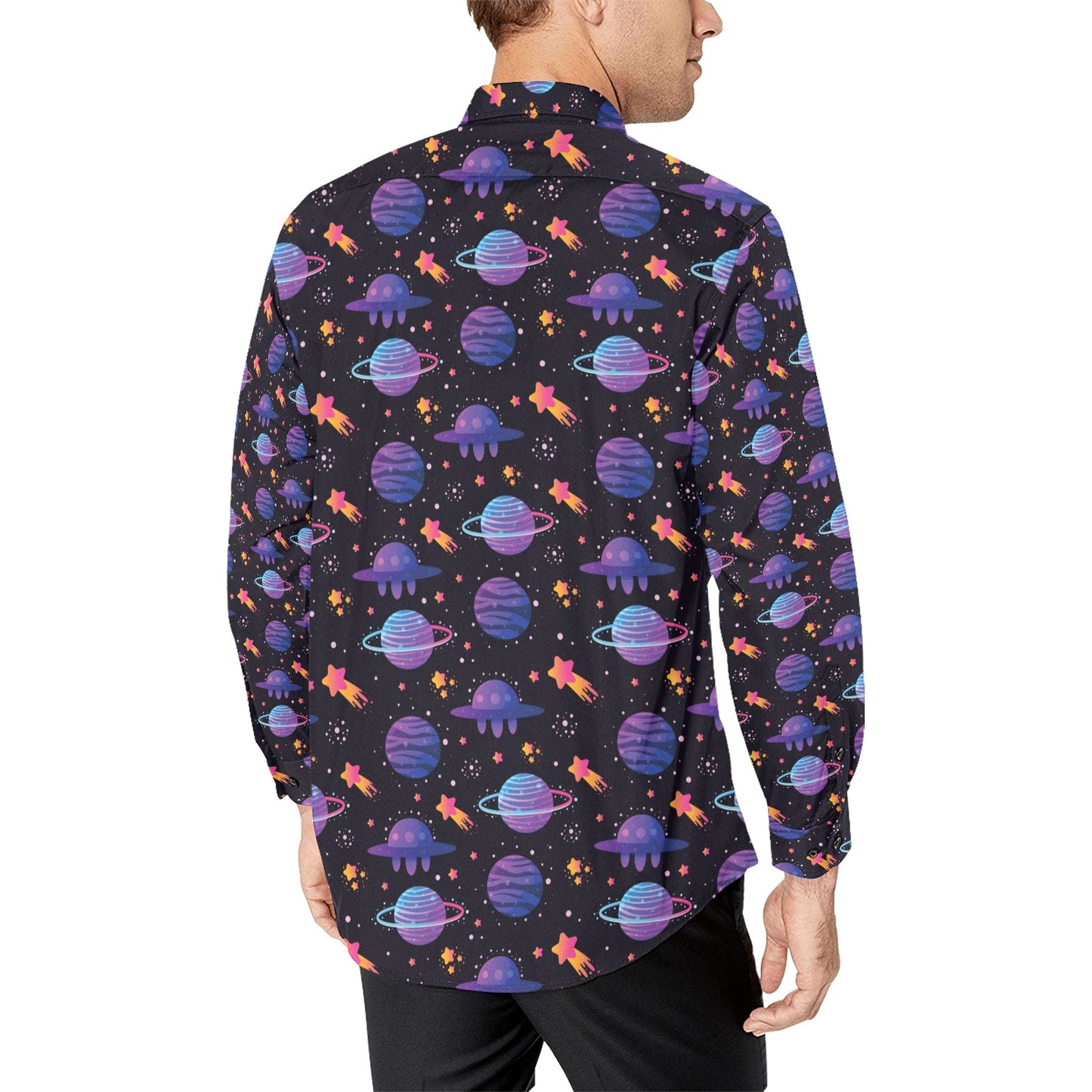 UFO Star Galaxy Print Design LKS308 Men's Long Sleeve Dress Shirt