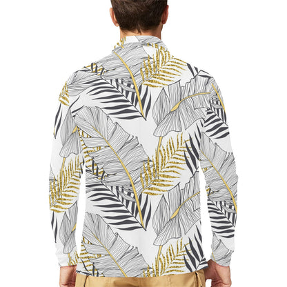 Gold Glitter Tropical Palm Leaves Long Sleeve Polo Shirt For Men's