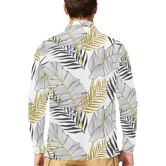 Gold Glitter Tropical Palm Leaves Long Sleeve Polo Shirt For Men's
