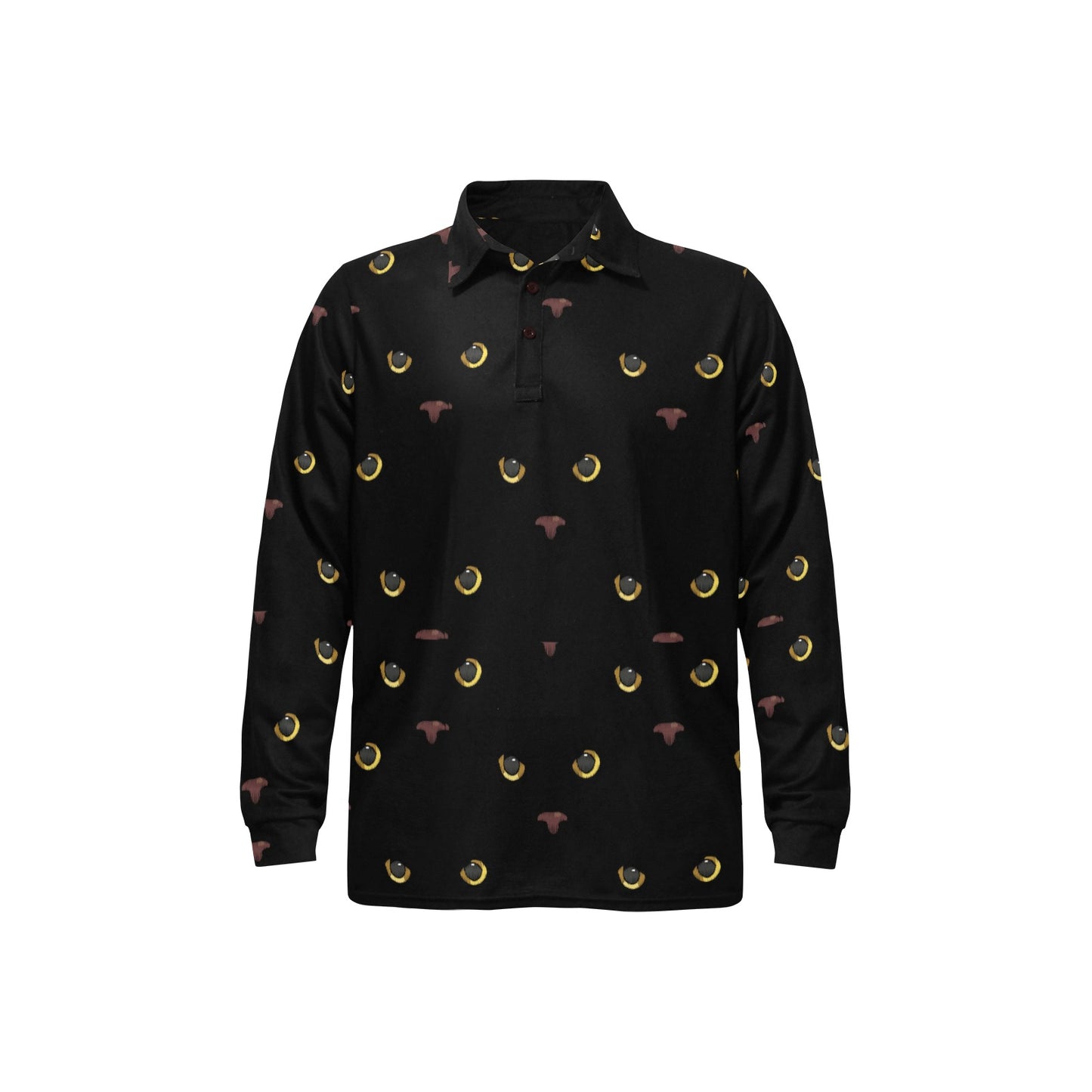 Black Cat Face Print Pattern Long Sleeve Polo Shirt For Men's