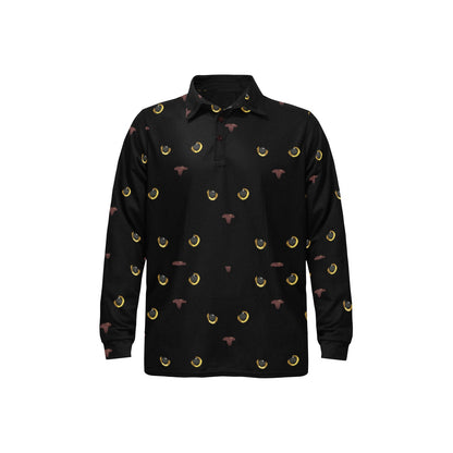 Black Cat Face Print Pattern Long Sleeve Polo Shirt For Men's