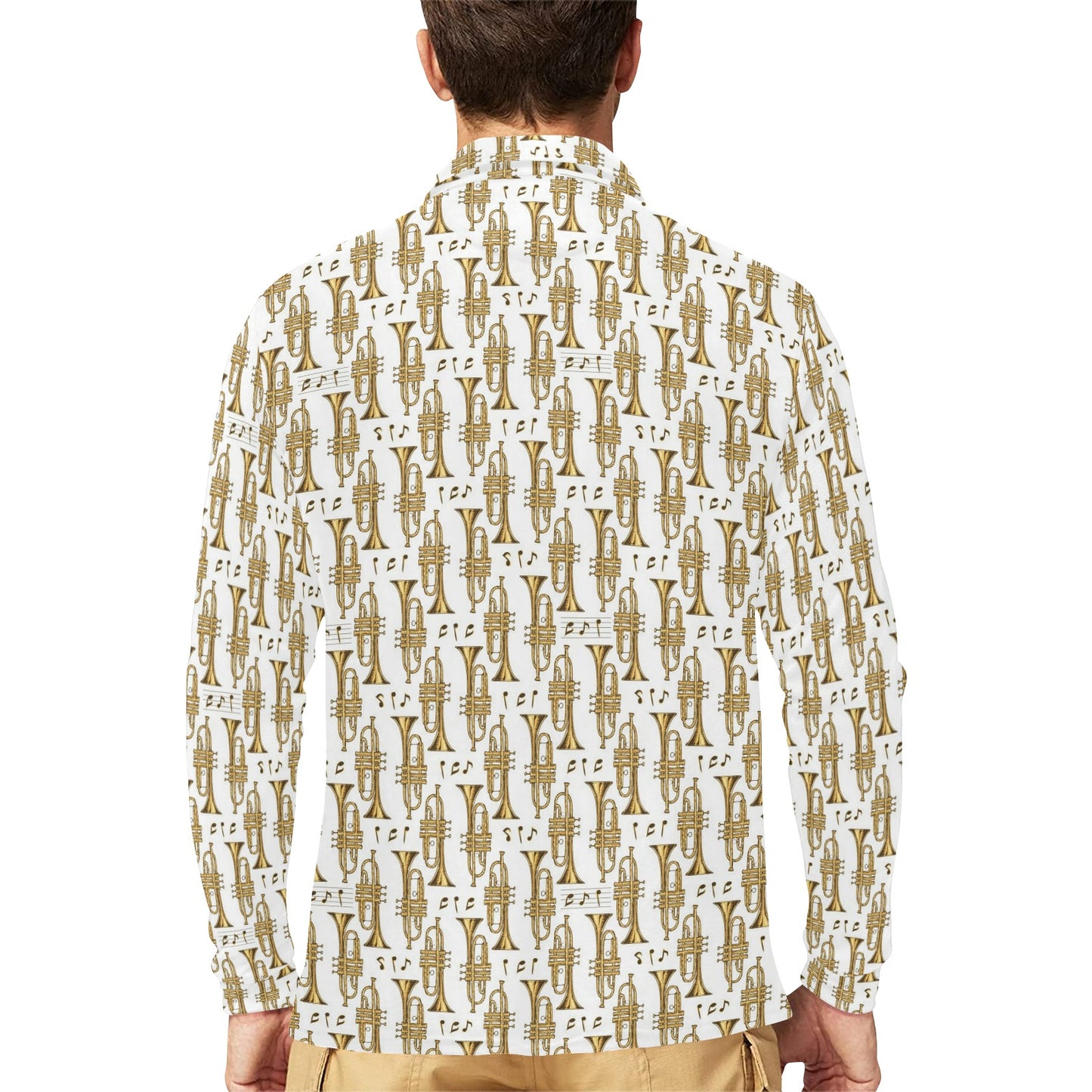 Trumpet with Music Note Print Long Sleeve Polo Shirt For Men's