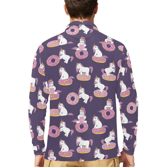 Donut Unicorn Pattern Print Design DN011 Long Sleeve Polo Shirt For Men's