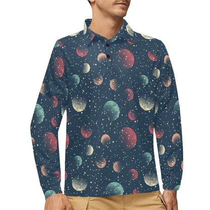 Cosmic Pattern Print Design 04 Long Sleeve Polo Shirt For Men's