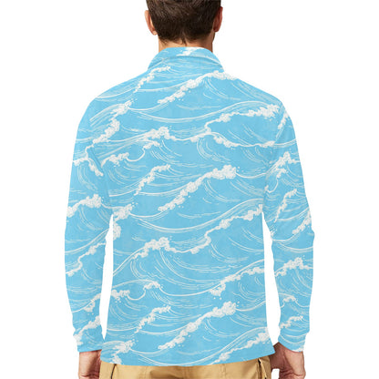 Ocean Wave Pattern Print Design A01 Long Sleeve Polo Shirt For Men's