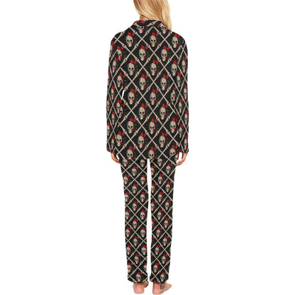 Skull Roses Bone Design Themed Print Women's Long Pajama Set