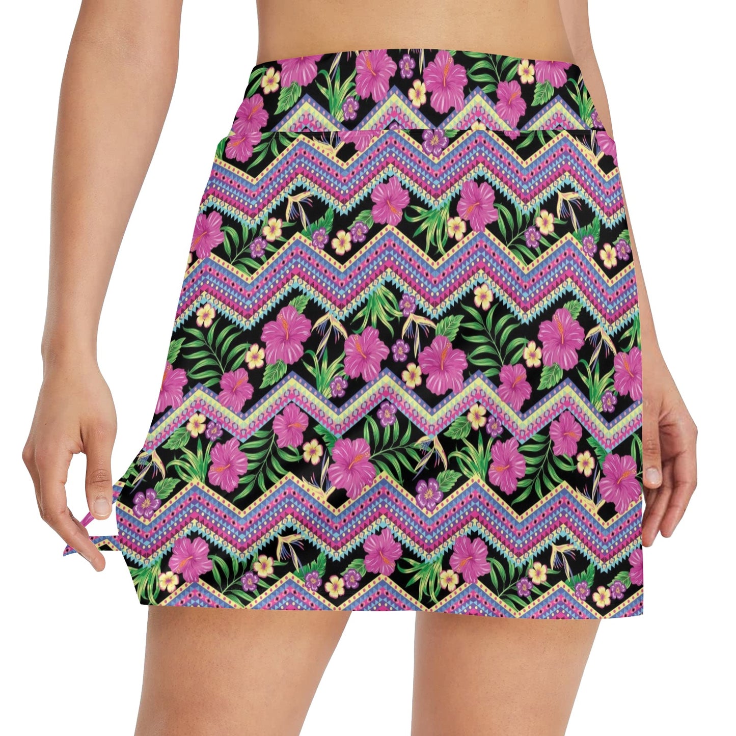 Hibiscus Pink Zigzag Line Pattern Design LKS307 17" Golf & Pickleball Skort with Pockets