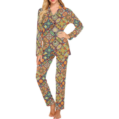 Mandala Flower Themed Design Print Women's Long Pajama Set