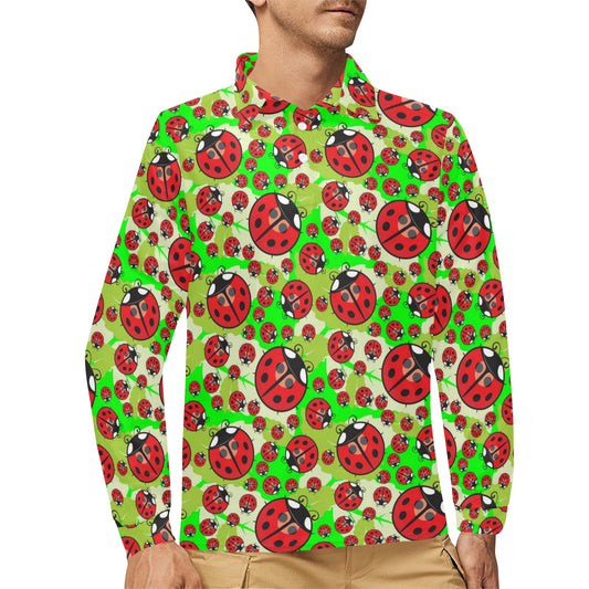 Ladybug with Leaf Print Pattern Long Sleeve Polo Shirt For Men's