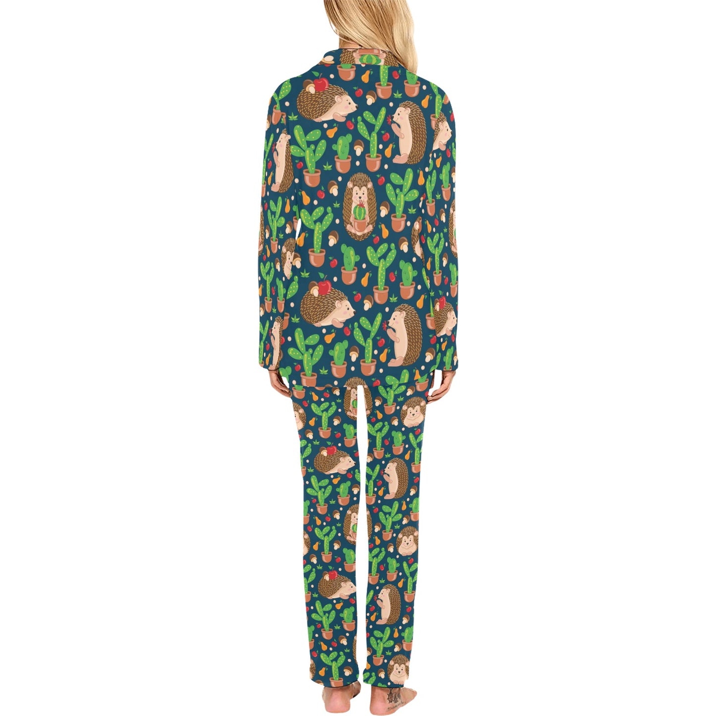 Hedgehog Cactus Pattern Print Design 04 Women's Long Pajama Set
