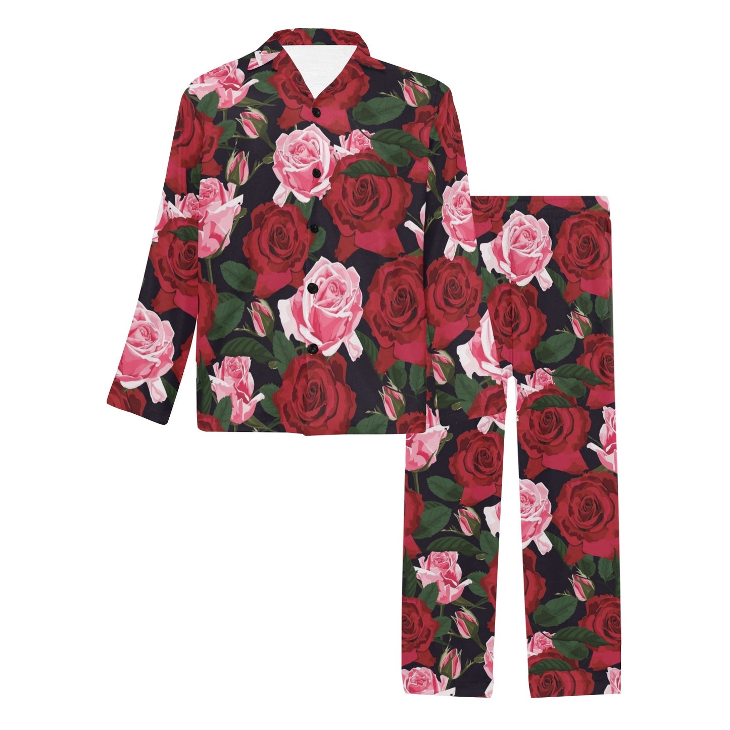 Rose Red Pink Pattern Print Design RO01 Men's Long Pajama Set