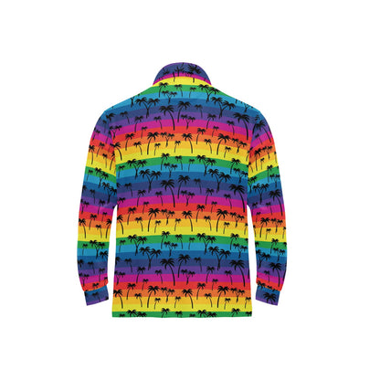 Palm Tree Rainbow Themed Print Long Sleeve Polo Shirt For Men's