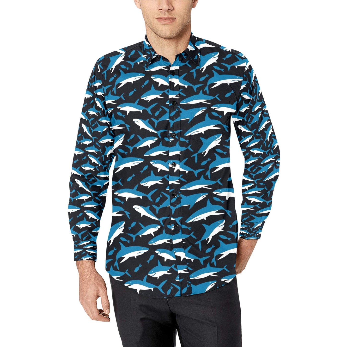 Shark Print Design LKS303 Men's Long Sleeve Dress Shirt