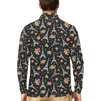 Eiffel Tower Rose Print Long Sleeve Polo Shirt For Men's