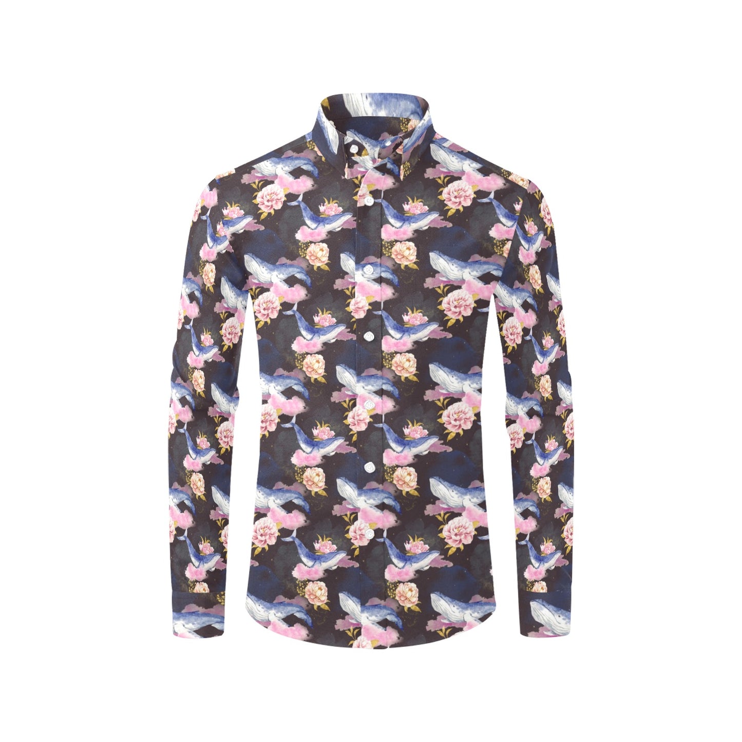 Blue Whale Print Design LKS401 Men's Long Sleeve Dress Shirt
