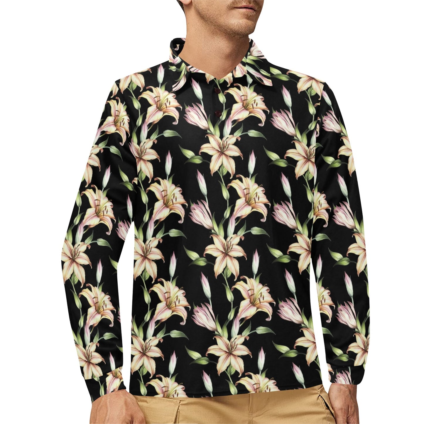 Lily Pattern Print Design LY05 Long Sleeve Polo Shirt For Men's