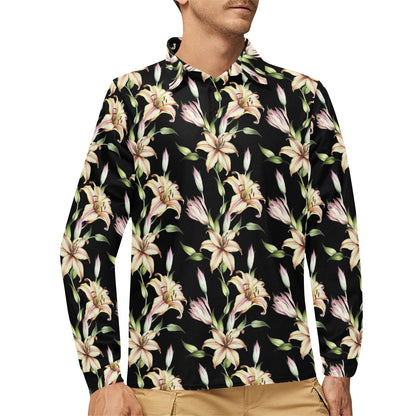 Lily Pattern Print Design LY05 Long Sleeve Polo Shirt For Men's