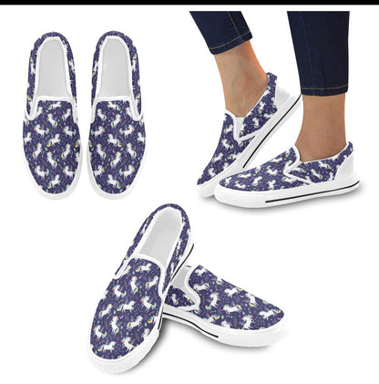 Unicorn Print Design LKS305 White Slip Ons Canvas Women's Shoes