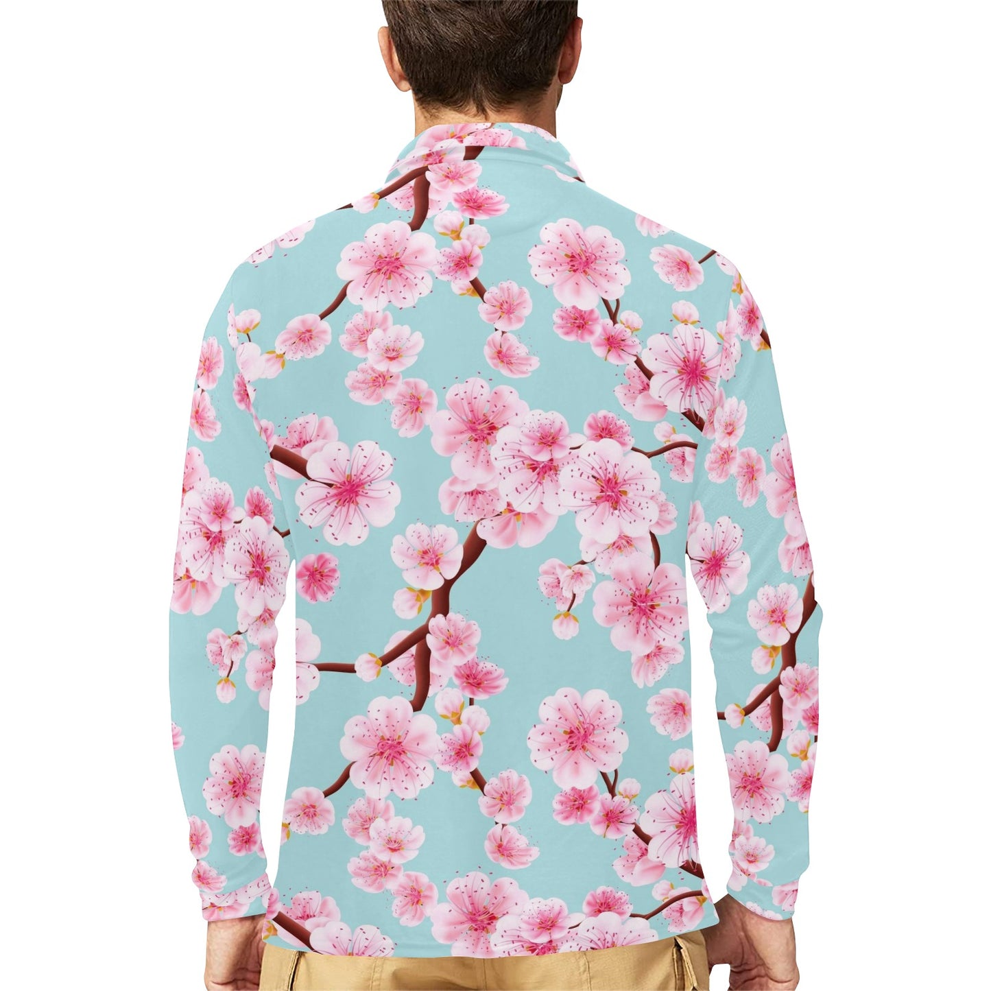 Cherry Blossom Pattern Print Design CB04 Long Sleeve Polo Shirt For Men's