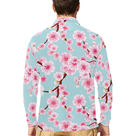 Cherry Blossom Pattern Print Design CB04 Long Sleeve Polo Shirt For Men's