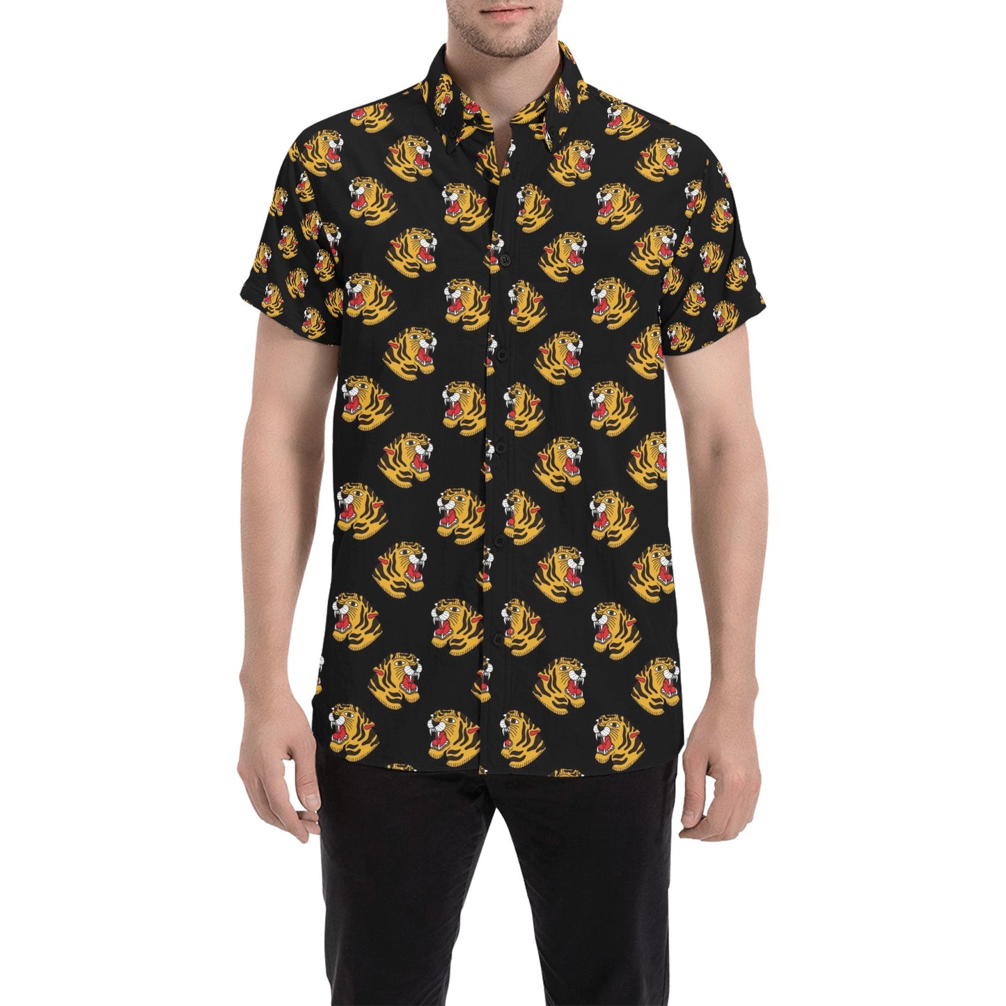 Tiger Head Print Design LKS306 Men Short Sleeve Button Up Shirt