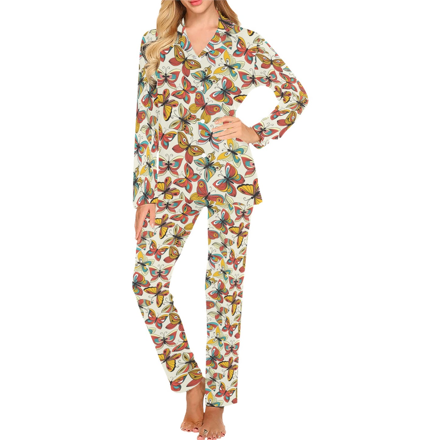 Butterfly Pattern Print Design 02 Women's Long Pajama Set