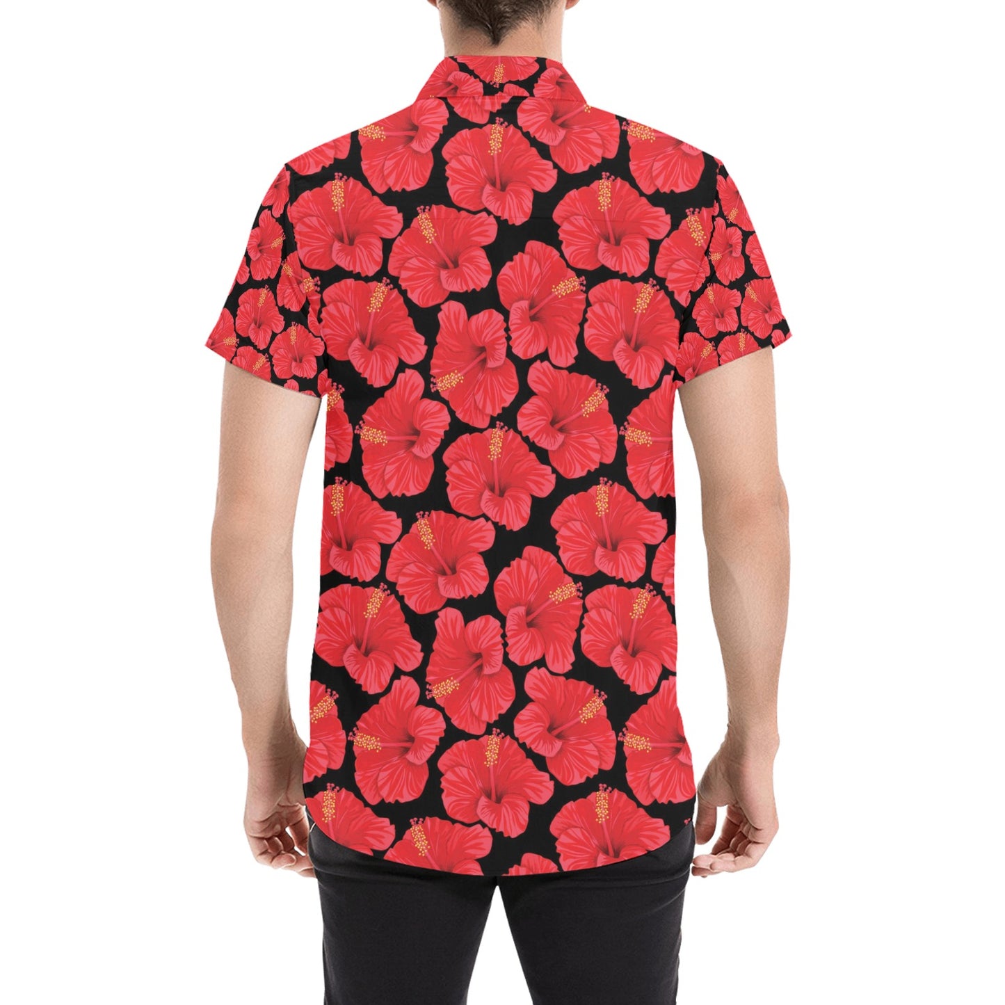 Hibiscus Red Pattern Print Design LKS306 Men Short Sleeve Button Up Shirt