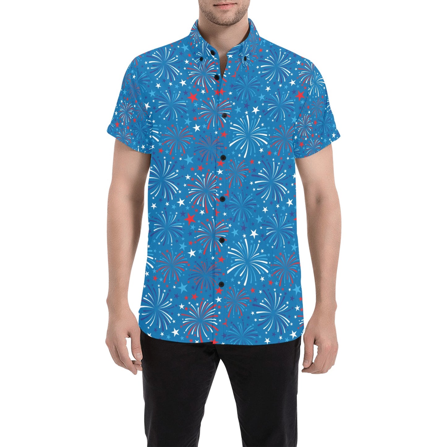 Firework Celebration Print Design LKS304 Men Short Sleeve Button Up Shirt