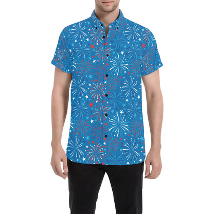 Firework Celebration Print Design LKS304 Men Short Sleeve Button Up Shirt