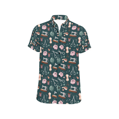 Sewing Equipment Print Design LKS307 Men Short Sleeve Button Up Shirt