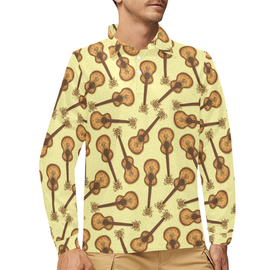 Acoustic Guitar Print Design LKS402 Long Sleeve Polo Shirt For Men's