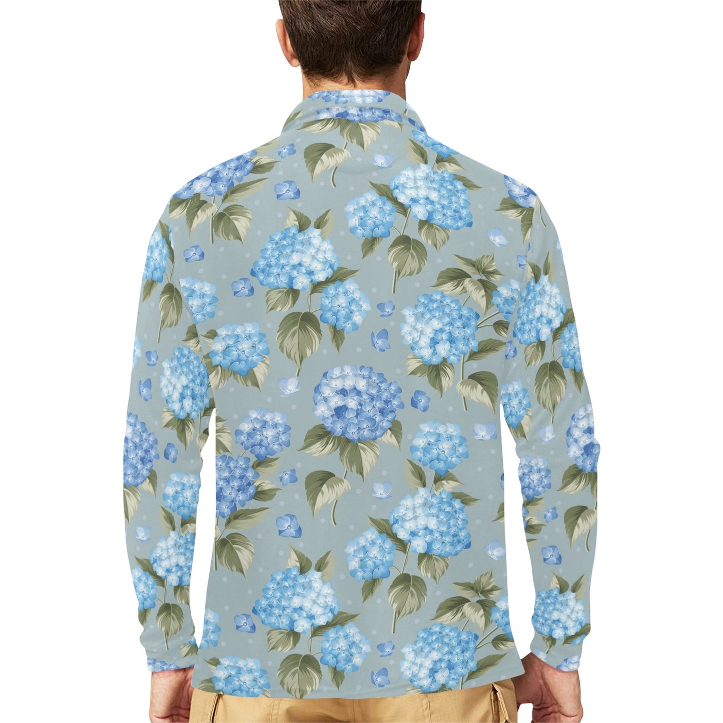 Hydrangea Pattern Print Design 01 Long Sleeve Polo Shirt For Men's